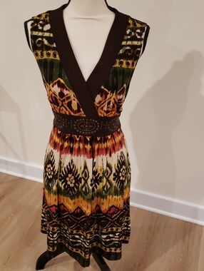 BCX Brown Multi-Color V-Neck Patterned Boho Sleeveless Dress Autumn